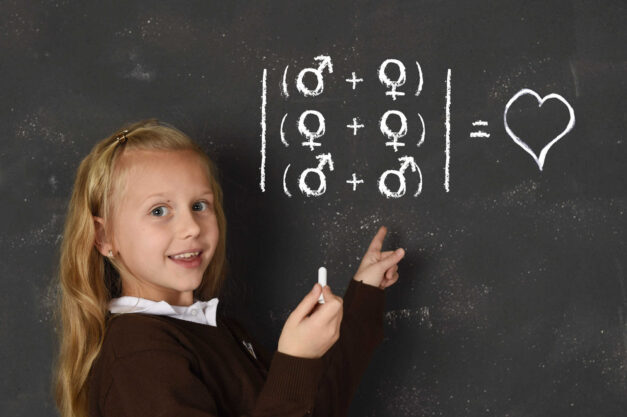Schoolgirl writing on a chalkboard regarding sexual attractions between genders